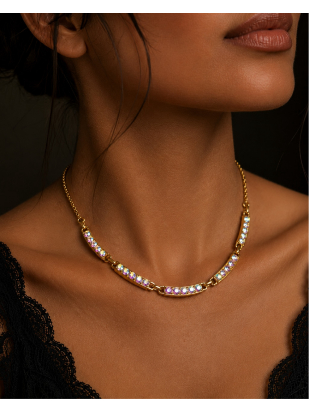 Vintage Aurora Borealis Rhinestone Bar Link Necklace Adjustable
